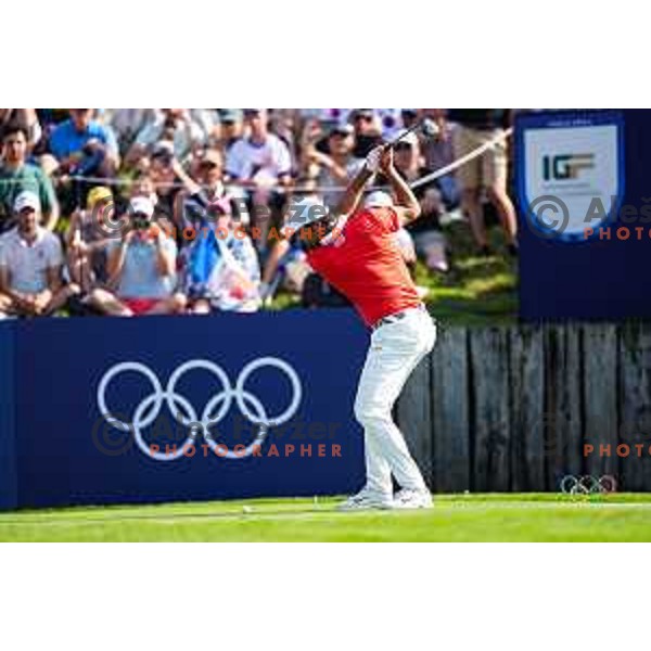 in action during first round of Men’s Olympic Golf Tournament at Paris 2024 Summer Olympic Games, France on August 1, 2024