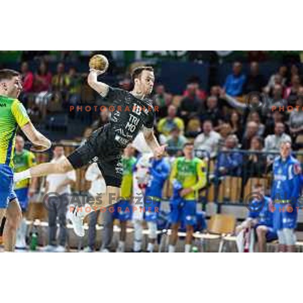 Marko Kotar in action during 1.NLB League handball match between Celje and Trimo Trebnje in Celje, Slovenia on November 2, 2024