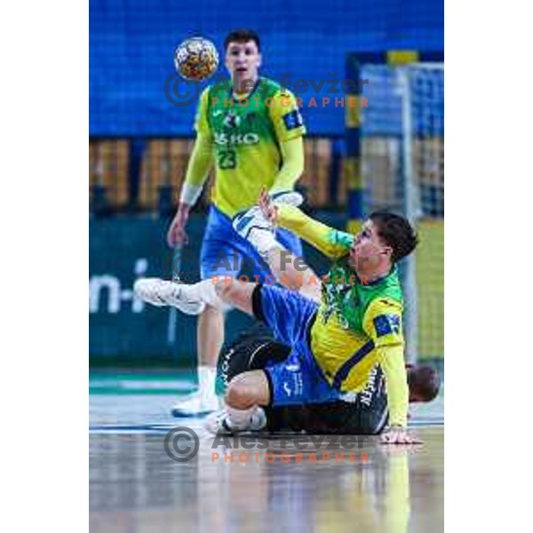 Vukasin Antonijevic in action during 1.NLB League handball match between Celje and Trimo Trebnje in Celje, Slovenia on November 2, 2024