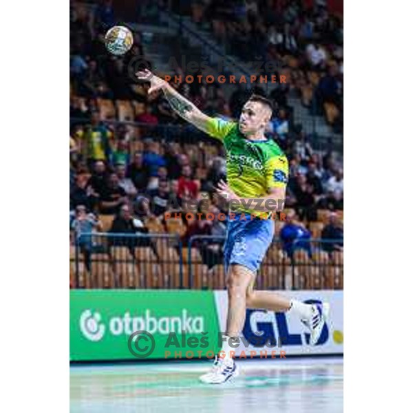 Alex Bognar in action during 1.NLB League handball match between Celje and Trimo Trebnje in Celje, Slovenia on November 2, 2024