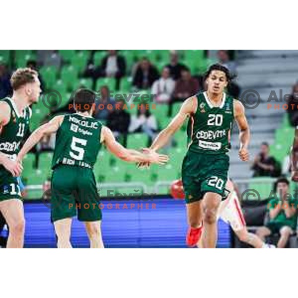 Aleksej Nikolic and Joan Beringer in action during BKT EuroCup 2024/2025 basketball match between Cedevita Olimpija and Costa JL Bourg en Bresse in SRC Stozice, Ljubljana, Slovenia on November 6, 2024