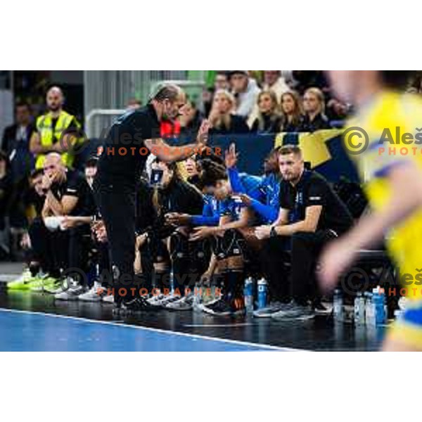 Dragan Adzic head coach of Krim Mercator and Zaadi Deuna Grace of Krim Mercator in action during EHF Women’s Champion League 2024/25 match between Krim Mercator and Metz Handball in Arena Stozice, Slovenia, 10th November 2024. Photo: Grega Valancic / alesfevzer.com