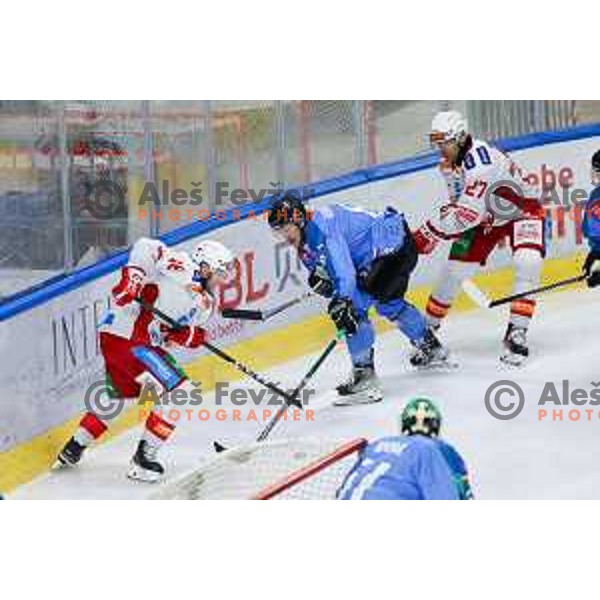 Johannes Bischofberger of KAC Klagenfurt and Lovro Kumanovic of SZ Olimpija in action during IceHL hockey match between SZ Olimpija and KAC Klagenfurt in Ljubljana, Slovenia on November 17, 2024. Photo: Filip Barbalic
