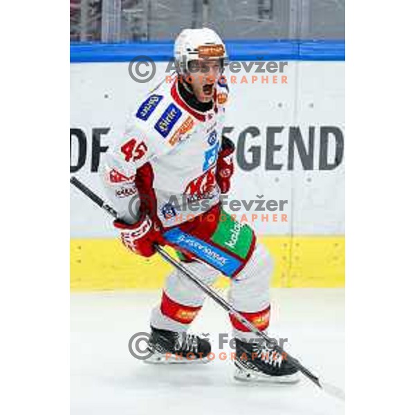 Johannes Bischofberger of KAC Klagenfurt celebrates goal during IceHL hockey match between SZ Olimpija and KAC Klagenfurt in Ljubljana, Slovenia on November 17, 2024. Photo: Filip Barbalic
