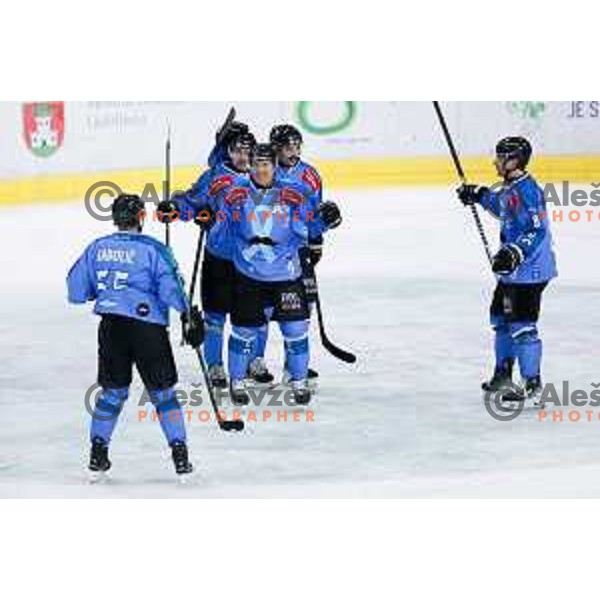 Kale Kerbashian of SZ Olimpija celebrates goal during IceHL hockey match between SZ Olimpija and KAC Klagenfurt in Ljubljana, Slovenia on November 17, 2024. Photo: Filip Barbalic