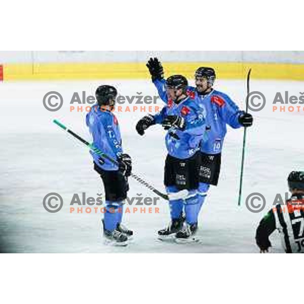 Marcel Mahovec and Alexandre Lavoie of SZ Olimpija celebrate goal during IceHL hockey match between SZ Olimpija and KAC Klagenfurt in Ljubljana, Slovenia on November 17, 2024. Photo: Filip Barbalic