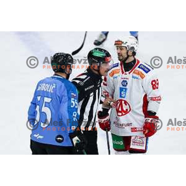 Raphael Herburger of KAC Klagenfurt and Robert Sabolic of SZ Olimpija in action during IceHL hockey match between SZ Olimpija and KAC Klagenfurt in Ljubljana, Slovenia on November 17, 2024. Photo: Filip Barbalic