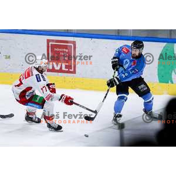 Mathias From of KAC Klagenfurt and Nik Simsic of SZ Olimpija in action during IceHL hockey match between SZ Olimpija and KAC Klagenfurt in Ljubljana, Slovenia on November 17, 2024. Photo: Filip Barbalic