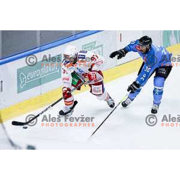 Fabian Hochbegger of KAC Klagenfurt and Arvin Arwal of SZ Olimpija in action during IceHL hockey match between SZ Olimpija and KAC Klagenfurt in Ljubljana, Slovenia on November 17, 2024. Photo: Filip Barbalic