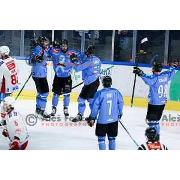 Nik Simsic and Robert Sabolic of SZ Olimpija celebrate goal during IceHL hockey match between SZ Olimpija and KAC Klagenfurt in Ljubljana, Slovenia on November 17, 2024. Photo: Filip Barbalic