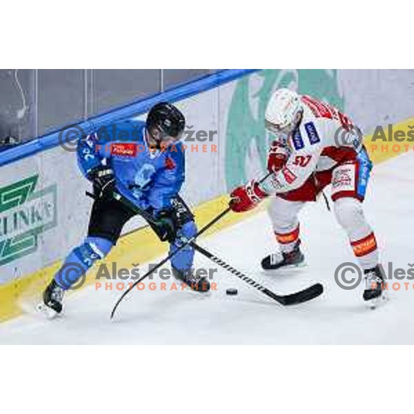 Jan Cosic of SZ Olimpija and Matthef Fraser of Kac Klagenfurt in action during IceHL hockey match between SZ Olimpija and KAC Klagenfurt in Ljubljana, Slovenia on November 17, 2024. Photo: Filip Barbalic