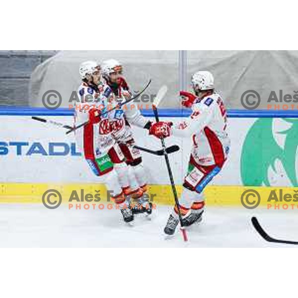 Players of KAC Klagenfurt celebrate goal during IceHL hockey match between SZ Olimpija and KAC Klagenfurt in Ljubljana, Slovenia on November 17, 2024. Photo: Filip Barbalic