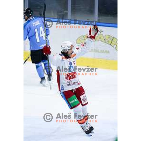Thomas Hundertpfund of KAC Klagenfurt celebrates goal during IceHL hockey match between SZ Olimpija and KAC Klagenfurt in Ljubljana, Slovenia on November 17, 2024. Photo: Filip Barbalic