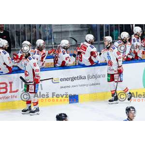 Players of KAC Klagenfurt celebrate goal during IceHL hockey match between SZ Olimpija and KAC Klagenfurt in Ljubljana, Slovenia on November 17, 2024. Photo: Filip Barbalic
