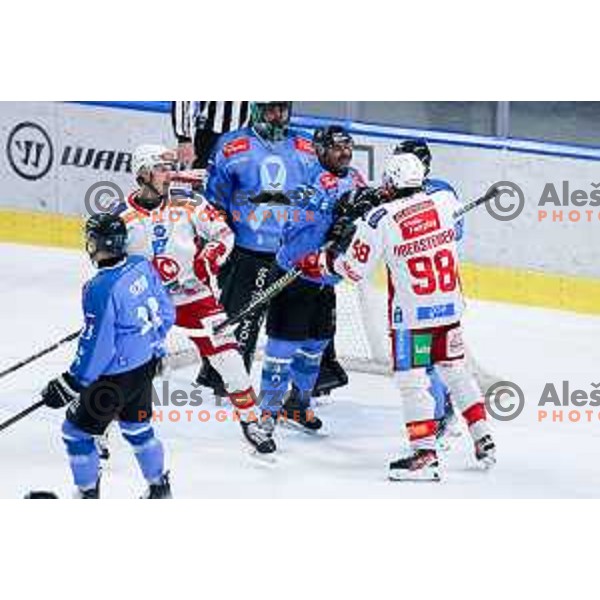 Arvin Atwal of SZ Olimpija and Daniel Obersteiner of KAC Klagenfurt in action during IceHL hockey match between SZ Olimpija and KAC Klagenfurt in Ljubljana, Slovenia on November 17, 2024. Photo: Filip Barbalic