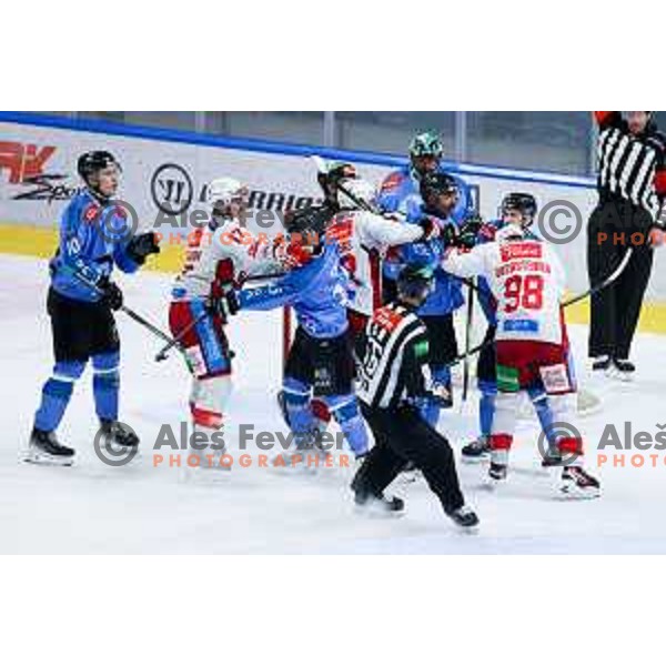 Nick Pastujov of KAC Klagenfurt, Jaka Sodja of SZ Olimpija, Arvin Atwal of SZ Olimpija and Daniel Obersteiner of KAC Klagenfurt in action during IceHL hockey match between SZ Olimpija and KAC Klagenfurt in Ljubljana, Slovenia on November 17, 2024. Photo: Filip Barbalic