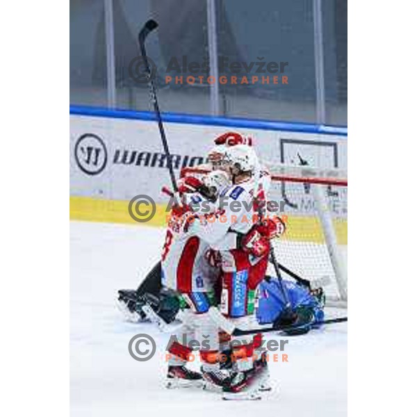 Players of KAC Klagenfurt celebrate goal during IceHL hockey match between SZ Olimpija and KAC Klagenfurt in Ljubljana, Slovenia on November 17, 2024. Photo: Filip Barbalic