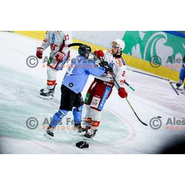 Jan Cosic of SZ Olimpija and Thomas Hundertpfund of KAC Klagenfurt in action during IceHL hockey match between SZ Olimpija and KAC Klagenfurt in Ljubljana, Slovenia on November 17, 2024. Photo: Filip Barbalic