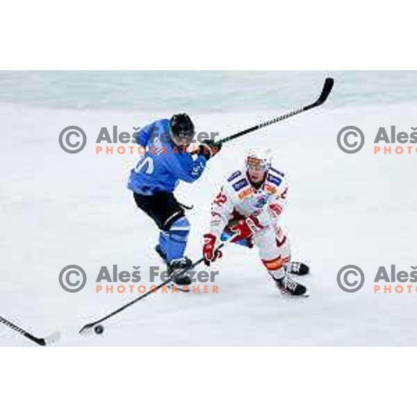 Senna Peeters of KAC Klagenfurt and Rok Kapel of SZ Olimpija in action during IceHL hockey match between SZ Olimpija and KAC Klagenfurt in Ljubljana, Slovenia on November 17, 2024. Photo: Filip Barbalic