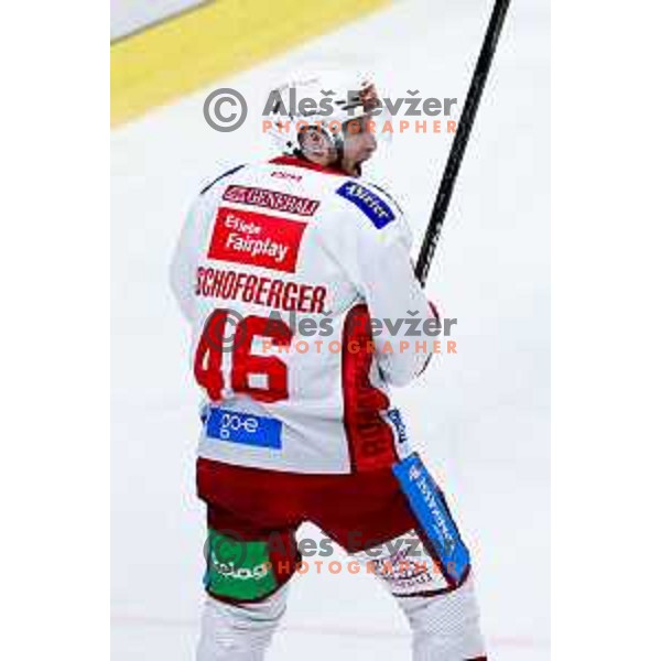 Johannes Bischofberger of KAC Klagenfurt celebrates goal during IceHL hockey match between SZ Olimpija and KAC Klagenfurt in Ljubljana, Slovenia on November 17, 2024. Photo: Filip Barbalic