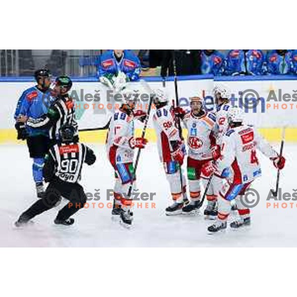 Johannes Bischofberger and other players of KAC Klagenfurt celebrate goal during IceHL hockey match between SZ Olimpija and KAC Klagenfurt in Ljubljana, Slovenia on November 17, 2024. Photo: Filip Barbalic