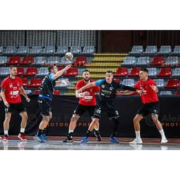 in action during 1.NLB League handball match between LL Grosist Slovan and Slovenj Gradec in Ljubljana, Slovenia on November 22, 2024