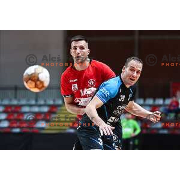 Leon Ljevar in action during 1.NLB League handball match between LL Grosist Slovan and Slovenj Gradec in Ljubljana, Slovenia on November 22, 2024
