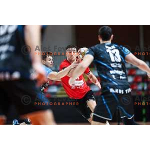 Leon Ljevar in action during 1.NLB League handball match between LL Grosist Slovan and Slovenj Gradec in Ljubljana, Slovenia on November 22, 2024