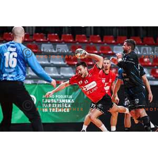 Kenan Pajt in action during 1.NLB League handball match between LL Grosist Slovan and Slovenj Gradec in Ljubljana, Slovenia on November 22, 2024