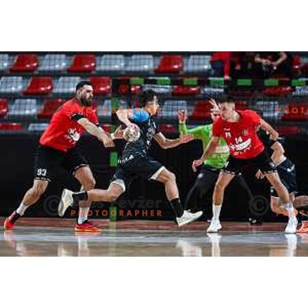 in action during 1.NLB League handball match between LL Grosist Slovan and Slovenj Gradec in Ljubljana, Slovenia on November 22, 2024