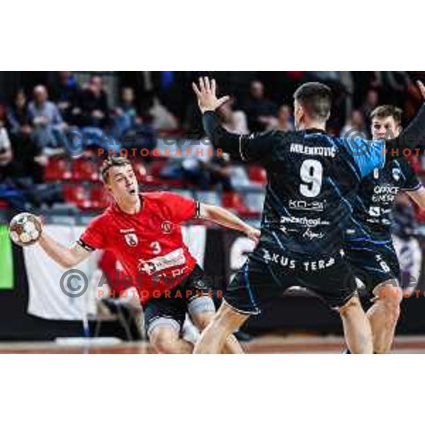 Stas Slatinek Jovicic in action during 1.NLB League handball match between LL Grosist Slovan and Slovenj Gradec in Ljubljana, Slovenia on November 22, 2024