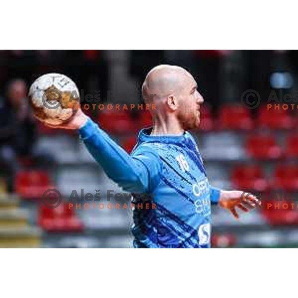 Aljosa Cudic in action during 1.NLB League handball match between LL Grosist Slovan and Slovenj Gradec in Ljubljana, Slovenia on November 22, 2024