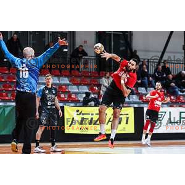 Stefan Zabic in action during 1.NLB League handball match between LL Grosist Slovan and Slovenj Gradec in Ljubljana, Slovenia on November 22, 2024