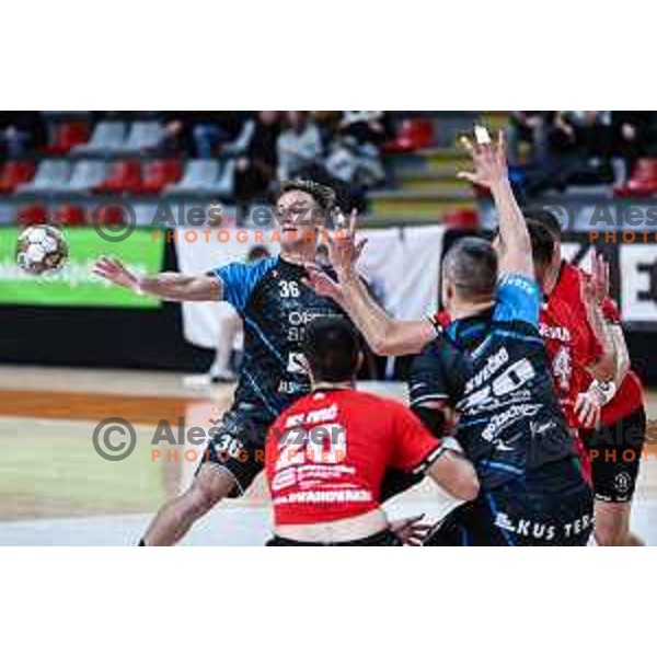 in action during 1.NLB League handball match between LL Grosist Slovan and Slovenj Gradec in Ljubljana, Slovenia on November 22, 2024