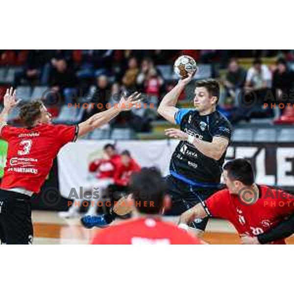 in action during 1.NLB League handball match between LL Grosist Slovan and Slovenj Gradec in Ljubljana, Slovenia on November 22, 2024