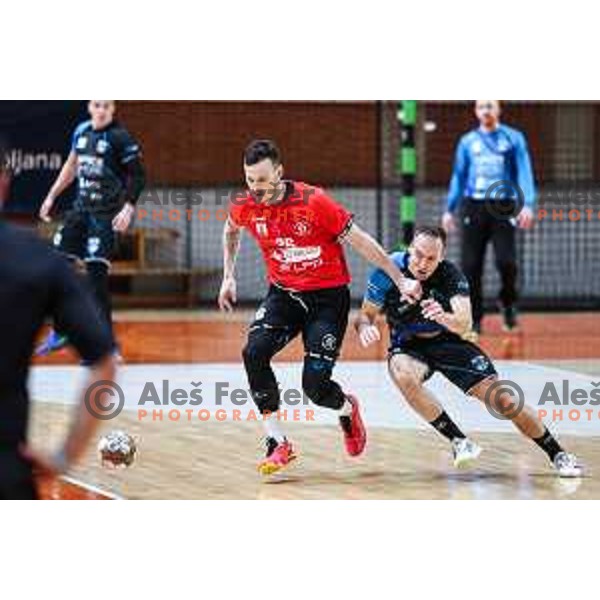 Jaka Malus in action during 1.NLB League handball match between LL Grosist Slovan and Slovenj Gradec in Ljubljana, Slovenia on November 22, 2024