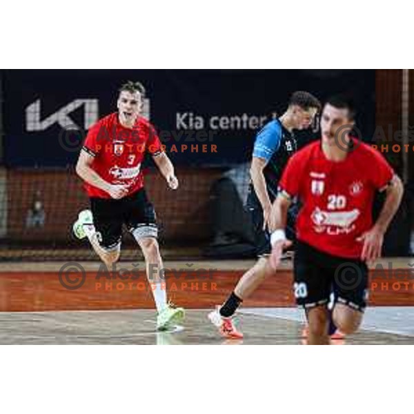 Stas Slatinek Jovicic in action during 1.NLB League handball match between LL Grosist Slovan and Slovenj Gradec in Ljubljana, Slovenia on November 22, 2024