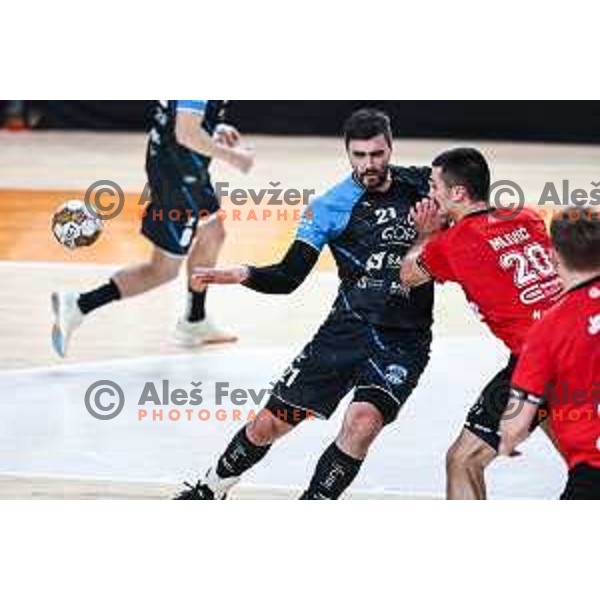 Gregor Potocnik and Tarik Mlivic in action during 1.NLB League handball match between LL Grosist Slovan and Slovenj Gradec in Ljubljana, Slovenia on November 22, 2024