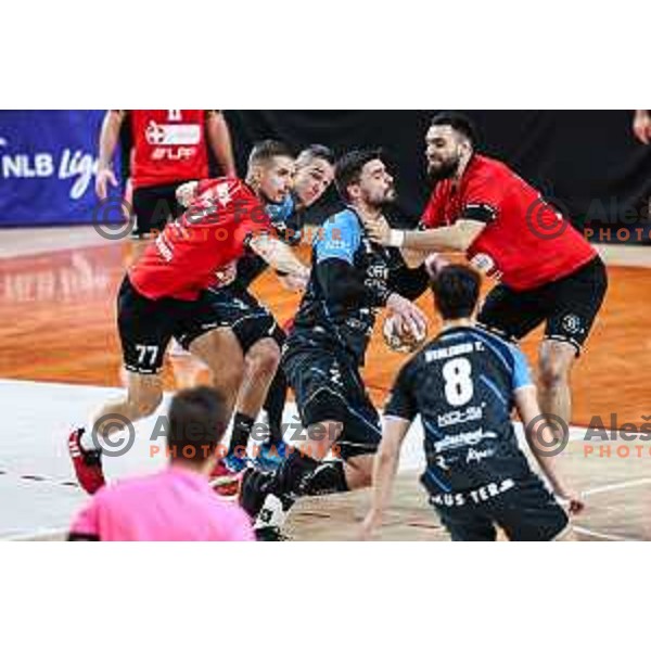 in action during 1.NLB League handball match between LL Grosist Slovan and Slovenj Gradec in Ljubljana, Slovenia on November 22, 2024