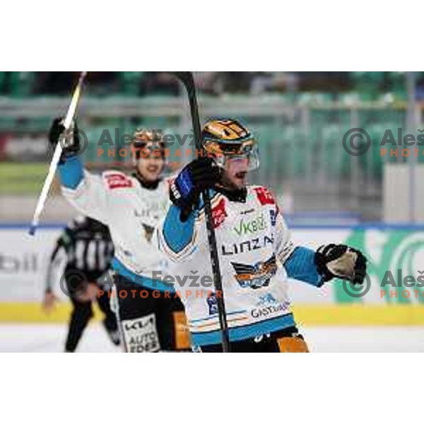 Greg Moro celebrate a goal during IceHL match between SZ Olimpija and Black Wings Linz in Ljubljana, Slovenia on November 22, 2024