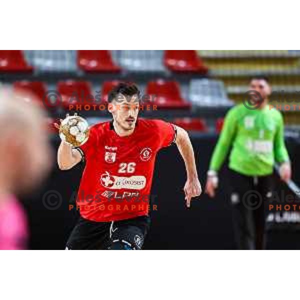 Jaka Malus in action during 1.NLB League handball match between LL Grosist Slovan and Slovenj Gradec in Ljubljana, Slovenia on November 22, 2024