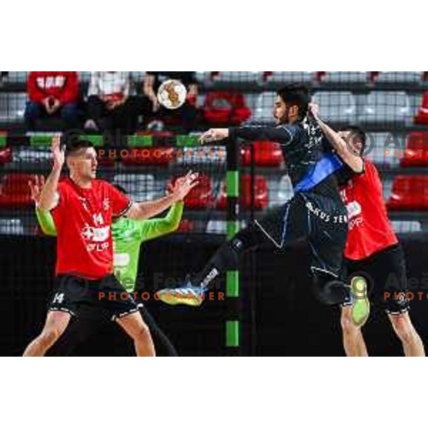 in action during 1.NLB League handball match between LL Grosist Slovan and Slovenj Gradec in Ljubljana, Slovenia on November 22, 2024