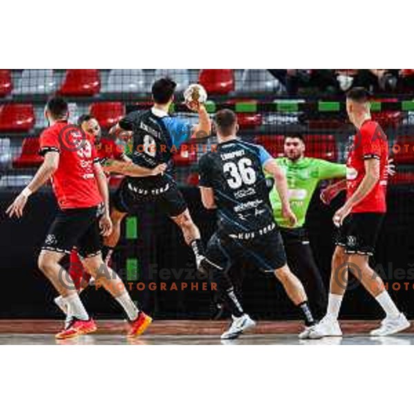in action during 1.NLB League handball match between LL Grosist Slovan and Slovenj Gradec in Ljubljana, Slovenia on November 22, 2024