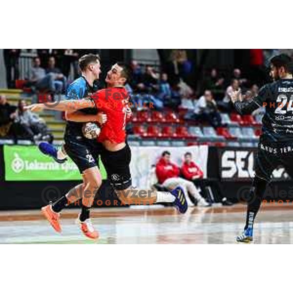 in action during 1.NLB League handball match between LL Grosist Slovan and Slovenj Gradec in Ljubljana, Slovenia on November 22, 2024