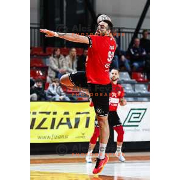 Stefan Zabic in action during 1.NLB League handball match between LL Grosist Slovan and Slovenj Gradec in Ljubljana, Slovenia on November 22, 2024