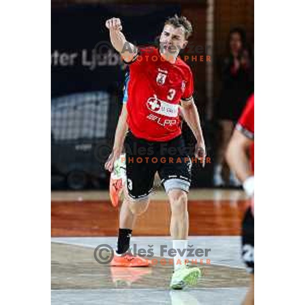 Stas Slatinek Jovicic in action during 1.NLB League handball match between LL Grosist Slovan and Slovenj Gradec in Ljubljana, Slovenia on November 22, 2024