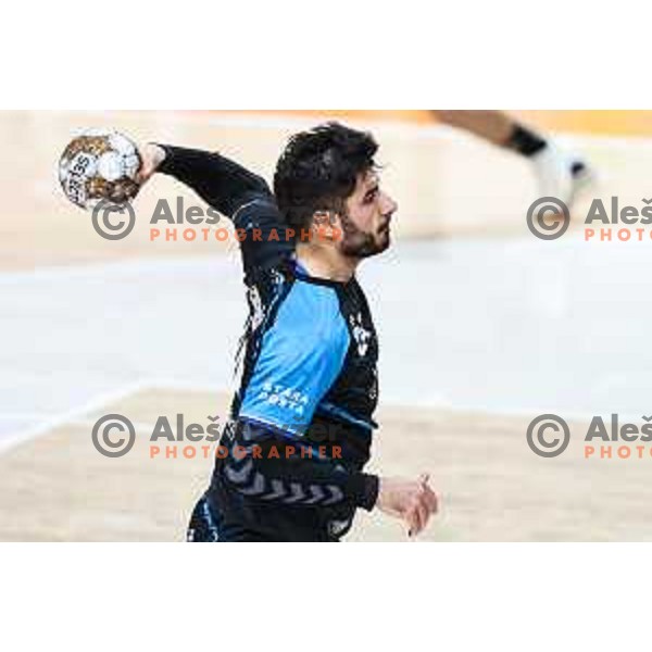 Kristjan Eskiricic in action during 1.NLB League handball match between LL Grosist Slovan and Slovenj Gradec in Ljubljana, Slovenia on November 22, 2024