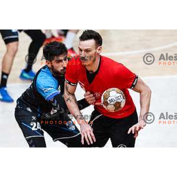 Kristjan Eskiricic and Jaka Malus in action during 1.NLB League handball match between LL Grosist Slovan and Slovenj Gradec in Ljubljana, Slovenia on November 22, 2024
