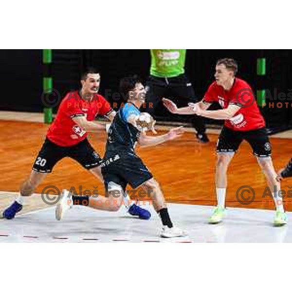 in action during 1.NLB League handball match between LL Grosist Slovan and Slovenj Gradec in Ljubljana, Slovenia on November 22, 2024