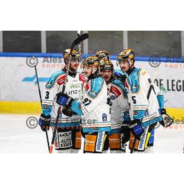 Rok Maver and Brian Lebler celebrate a goal during IceHL match between SZ Olimpija and Black Wings Linz in Ljubljana, Slovenia on November 22, 2024